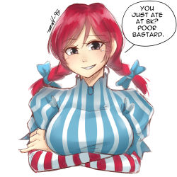 Rule 34 | 1girl, absurdres, black eyes, braid, breast hold, breasts, crossed arms, dress, english text, freckles, highres, layered sleeves, long sleeves, looking at viewer, medium breasts, red hair, short over long sleeves, short sleeves, sketch, smug, solo, speech bubble, striped clothes, striped dress, striped sleeves, twin braids, upper body, vertical-striped clothes, vertical-striped dress, wendy&#039;s, wendy (wendy&#039;s), z666ful