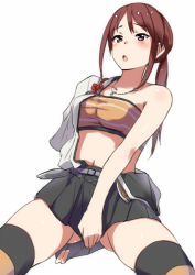 Rule 34 | 1girl, bandeau, brown eyes, brown hair, cosplay, idolmaster, idolmaster cinderella girls, japanese clothes, kantai collection, long hair, midriff, mifune miyu, navel, open clothes, open mouth, open shirt, shirt, shouhou (kancolle), shouhou (kancolle) (cosplay), simple background, skirt, skirt tug, solo, spread legs, strapless, taut clothes, tube top, white background, yuuzuki (re&#039;ef)