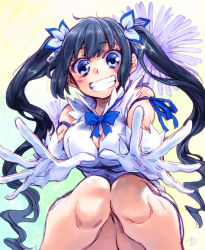 Rule 34 | 10s, 1girl, black hair, blue eyes, blush, breasts, cleavage, cleavage cutout, clothing cutout, dress, dungeon ni deai wo motomeru no wa machigatteiru darou ka, female focus, gloves, grin, hair ribbon, hestia (danmachi), large breasts, long hair, looking at viewer, rei no himo, ribbon, simple background, smile, solo, takanashi ringo, twintails, white dress, white gloves