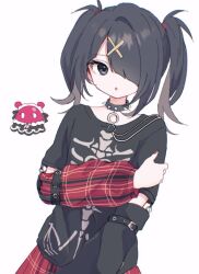 Rule 34 | 1girl, ame-chan (needy girl overdose), black eyes, black hair, collar, detached sleeves, hair ornament, hair over one eye, hairclip, kabe (zp66104), long hair, long sleeves, nail polish, needy girl overdose, open mouth, plaid, plaid skirt, plaid sleeves, skeleton print, skirt, solo, spiked collar, spikes, twintails, x hair ornament