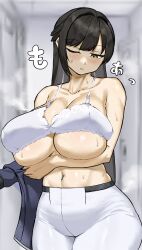 Rule 34 | 1girl, bare shoulders, black hair, blue jacket, blush, breasts, closed mouth, collarbone, goddess of victory: nikke, goma., huge breasts, jacket, long hair, marciana (nikke), midriff, navel, navel piercing, one eye closed, pants, piercing, solo, sweat, tight clothes, tight pants, undressing, white pants, yellow eyes