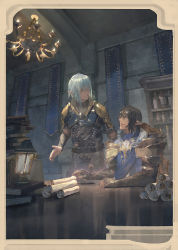 Rule 34 | 2boys, armor, aymeric de borel, black hair, blue hair, book, book stack, brothers, chandelier, elezen, elf, final fantasy, final fantasy xiv, framed image, full armor, haurchefant greystone, indoors, knight, looking at another, male focus, multiple boys, pointy ears, scroll, short hair, shoulder armor, siblings, sitting, standing, zxin
