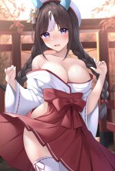 Rule 34 | 1girl, absurdres, alternate costume, animal ears, black hair, blurry, blurry background, blush, braid, breasts, cleavage, collarbone, commentary request, highres, hokko tarumae (umamusume), horse ears, horse girl, horse tail, japanese clothes, large breasts, leaf, long braid, long hair, looking at viewer, miko, open clothes, purple eyes, shrine, sky, solo, tail, thighhighs, torii, twin braids, umamusume, zeatto
