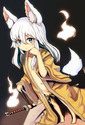 Rule 34 | 1girl, animal ears, barefoot, blue eyes, collarbone, flat chest, fox ears, fox tail, ghost, groin, hitodama, long hair, navel, no bra, no panties, nosuku, open clothes, open mouth, original, scabbard, sheath, silver hair, smile, solo, sword, tail, weapon