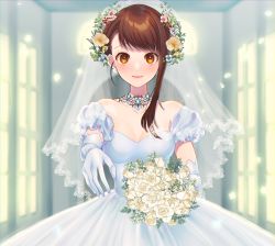 Rule 34 | 1girl, amano hotaru (hotaama), asymmetrical bangs, blue gemstone, blush, bouquet, breasts, brown eyes, brown hair, cleavage, closed mouth, collarbone, dress, earrings, elbow gloves, flower, gem, gloves, hair flower, hair ornament, head wreath, highres, holding, holding bouquet, jewelry, looking at viewer, medium breasts, necklace, nisekoi, onodera kosaki, pink flower, short hair with long locks, sleeveless, sleeveless dress, smile, solo, wedding dress, white dress, white gloves, yellow flower