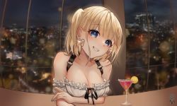 Rule 34 | 1girl, bar (place), bare shoulders, blonde hair, blue eyes, blue nails, blunt bangs, breasts, cleavage, cocktail glass, collarbone, cup, drinking glass, earrings, fingernails, gold earrings, grin, heart, heart earrings, highres, hololive, hololive english, jewelry, large breasts, looking at viewer, martini, may alice (artist), nail polish, off shoulder, smile, solo, sparkle, teeth, virtual youtuber, watson amelia, watson amelia (street casual), window