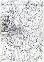 Rule 34 | 6+boys, 6+girls, absurdres, arms up, building, city, highres, jacket, lined paper, monochrome, multiple boys, multiple girls, necktie, scarf, shoes, short hair, sketch, standing, tomioka jirou, traditional media