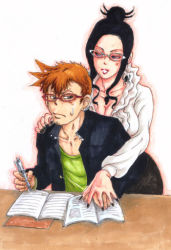 Rule 34 | 00s, 1boy, 1girl, alternate costume, arachne (soul eater), artist request, black hair, black jacket, black nails, book, breasts, brown hair, cleavage, collarbone, desk, earrings, facial hair, frilled shirt, frills, giriko (soul eater), glasses, goatee, green shirt, hair bun, hand on another&#039;s shoulder, hetero, holding, holding hands, jacket, jewelry, large breasts, long hair, long sleeves, looking at another, nail polish, notebook, open mouth, pen, red-framed eyewear, school uniform, shirt, short hair, single hair bun, smile, soul eater, studying, sweatdrop, table, teacher, teacher and student, traditional media, white-framed eyewear, white shirt, writing