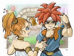 Rule 34 | 1boy, 1girl, balloon, bangle, bare shoulders, blonde hair, blue eyes, bracelet, choker, chrono trigger, closed mouth, crono (chrono trigger), green eyes, headband, highres, jewelry, long hair, marle (chrono trigger), necklace, open mouth, ponytail, red hair, smile, spiked hair, uzutanco