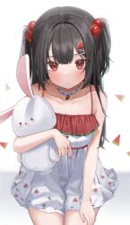 Rule 34 | 1girl, beads, black hair, blush, closed mouth, collarbone, dress, food, food-themed hair ornament, food print, fruit, hair beads, hair ornament, holding, jewelry, long hair, looking at viewer, necklace, original, red eyes, riko (rik0ring), short twintails, sitting, solo, stuffed animal, stuffed toy, twintails, watermelon, watermelon hair ornament, watermelon print, white dress