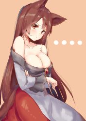 Rule 34 | ..., 1girl, :&lt;, animal ears, bare shoulders, beige background, blush, breast hold, breasts, brooch, brown eyes, brown hair, cleavage, collarbone, dress, highres, imaizumi kagerou, jewelry, ksk (semicha keisuke), large breasts, long hair, simple background, solo, sweatdrop, tail, touhou, wolf ears, wolf tail