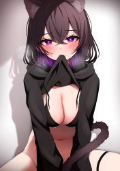 Rule 34 | 1girl, animal ears, bad id, bad pixiv id, black bra, black shorts, blush, bra, breasts, brown hair, cleavage, clothes in mouth, clothes lift, colored inner hair, crossed bangs, ear piercing, hair between eyes, hanging breasts, heart, heart-shaped pupils, highres, hood, hood down, hoodie, hoodie lift, leaning forward, lifted by self, long sleeves, looking at viewer, medium breasts, mouth hold, multicolored hair, namagome negi, navel, original, piercing, purple eyes, purple hair, short hair, short shorts, shorts, simple background, sitting, solo, symbol-shaped pupils, tail, thigh strap, two-tone hair, underwear, v arms