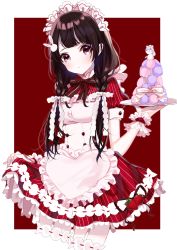Rule 34 | 1girl, :t, apron, blush, bow, breasts, brown bow, brown eyes, brown hair, closed mouth, commentary request, cropped legs, dress, food, frilled apron, frills, fruit, garter straps, head tilt, highres, higuchi kaede, holding, holding plate, long hair, macaron, maid headdress, misumi (macaroni), nijisanji, plate, pout, red background, red dress, skirt hold, small breasts, solo, strawberry, striped clothes, striped dress, tsukino mito, tsukino mito (9th costume), two-tone background, vertical-striped clothes, vertical-striped dress, very long hair, virtual youtuber, waitress, white apron, white background, wrist cuffs