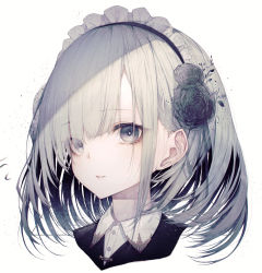 Rule 34 | 1girl, absurdres, black flower, collared shirt, commentary, english commentary, eyes visible through hair, flower, grey eyes, hair flower, hair ornament, highres, hito komoru, looking at viewer, maid headdress, mixed-language commentary, original, parted lips, portrait, shirt, short hair, simple background, solo, white background, white hair