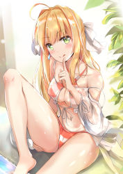 Rule 34 | 1girl, :q, ahoge, bikini, blonde hair, breasts, earrings, fate/grand order, fate (series), green eyes, hair ribbon, highres, index finger raised, jewelry, long hair, looking at viewer, medium breasts, navel, nero claudius (fate), nero claudius (fate) (all), nero claudius (swimsuit caster) (fate), nero claudius (swimsuit caster) (third ascension) (fate), ribbon, sitting, solo, striped bikini, striped clothes, swimsuit, tailam, tongue, tongue out, wet, white ribbon