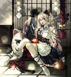 Rule 34 | 1girl, :o, ahoge, animal ears, animal hands, blonde hair, bow, cat ears, commentary, gloves, green eyes, hand fan, highres, holding, japanese clothes, kimono, kneehighs, knees together feet apart, long hair, long sleeves, looking at viewer, ma yoyo, no shoes, open mouth, original, paw gloves, shrine, sidelocks, socks, solo, symbol-only commentary, tabi, tail, tail bow, tail ornament, white kimono, white socks, wide sleeves