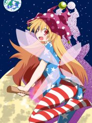 Rule 34 | 1girl, american flag, american flag legwear, ass, clownpiece, earth (planet), flag, full body, hat, jester cap, looking at viewer, open mouth, orange hair, pantyhose, planet, print pantyhose, red eyes, skirt, solo, star (symbol), striped, touhou
