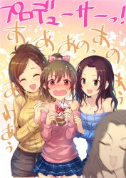 Rule 34 | 10s, 4girls, :d, ^ ^, aran sweater, arm grab, bare shoulders, blurry, blush, bow, braid, cable knit, casual, closed eyes, denim, denim skirt, depth of field, gift bag, girl sandwich, hair bow, hand on another&#039;s shoulder, helen (idolmaster), high ponytail, hori yuuko, hyodo rena, idolmaster, idolmaster cinderella girls, incoming gift, kara (color), multiple girls, off-shoulder, off-shoulder sweater, off shoulder, open mouth, plaid, plaid bow, plaid skirt, ponytail, ribbed sweater, sandwiched, short ponytail, skirt, smile, soma natsumi, sweat, sweater, turtleneck, updo, valentine, wavy mouth