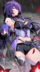 Rule 34 | 1girl, absurdres, acheron (honkai: star rail), armpit crease, asymmetrical legwear, bandaged arm, bandaged leg, bandages, belt, black belt, black choker, black gloves, black shorts, breasts, chain, chain around arm, choker, cleavage, coat, coattails, cowboy shot, criss-cross halter, detached sleeves, falling petals, flower, gloves, hair over one eye, halterneck, highres, holding, holding sword, holding weapon, honkai: star rail, honkai (series), katana, large breasts, long hair, looking at viewer, midriff, multicolored hair, navel, petals, purple eyes, purple hair, rain, red flower, shorts, single bare shoulder, solo, streaked hair, sword, thighs, very long hair, weapon, white coat, yuito (yuitokobunasbs0)