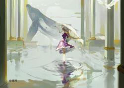 Rule 34 | 1girl, artist name, back bow, blonde hair, bow, column, commentary, dress, floating hair, hat, hat ribbon, holding, holding umbrella, long hair, looking at viewer, looking back, mob cap, pillar, purple dress, purple footwear, red ribbon, ribbon, ripples, skirt hold, solo, standing, standing on liquid, touhou, tzafra, umbrella, very long hair, water, whale, white bow, white hat, wide shot, yakumo yukari, yellow eyes