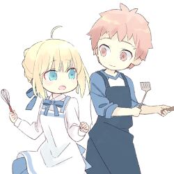 Rule 34 | 1boy, 1girl, 87banana, ahoge, apron, artoria pendragon (all), artoria pendragon (fate), blonde hair, brown eyes, couple, fate/stay night, fate (series), green eyes, holding, holding spatula, holding whisk, red hair, saber (fate), spatula, whisk, white background