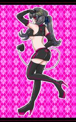 Rule 34 | 3gatu-usagi, ass, black gloves, black jacket, black skirt, boots, breasts, cleavage, collar, cropped jacket, demon girl, demon horns, demon tail, demon wings, earrings, elbow gloves, fang, from behind, full body, gloves, grey hair, hand up, high heels, horns, irish(3gatu-usagi), jacket, jewelry, low twintails, medium breasts, mini wings, navel, original, pencil skirt, pink collar, red eyes, skirt, sleeveless, sleeveless jacket, sternribe precure, tail, thigh boots, twintails, underboob, wings