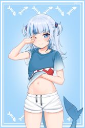 Rule 34 | 1girl, ;), alternate costume, blue background, blue eyes, blue hair, blue shirt, blunt bangs, blush, closed mouth, clothes lift, collarbone, commentary, cowboy shot, fins, fish tail, gawr gura, hair ornament, hand over eye, hand under clothes, hand under shirt, hand up, highres, hololive, hololive english, lifted by self, long hair, looking at viewer, midriff, multicolored hair, navel, one eye closed, shark hair ornament, shark print, shark tail, shellvi, shirt, shirt lift, short shorts, short sleeves, shorts, smile, solo, stomach, streaked hair, t-shirt, tail, teeth, two side up, virtual youtuber, white shorts