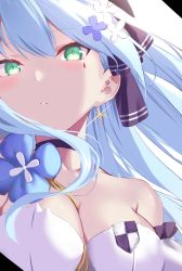 Rule 34 | 1girl, bare shoulders, black choker, black ribbon, blue hair, breasts, choker, cleavage, flower, girls&#039; frontline, green eyes, hair flower, hair ornament, hair ribbon, highres, hk416 (girls&#039; frontline), hk416 (herbal-flavored hard candy) (girls&#039; frontline), large breasts, long hair, looking at viewer, official alternate costume, ribbon, solo, spider apple, upper body