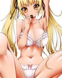 Rule 34 | 1girl, arm up, armpits, bare shoulders, black ribbon, blonde hair, blush, bow, bow bra, bow panties, bra, breasts, brown eyes, candy, chocolate, chocolate heart, cleavage, closed mouth, collarbone, dr rex, food, hair ribbon, head tilt, heart, holding, holding chocolate, holding food, large breasts, long hair, navel, original, panties, ribbon, sidelocks, simple background, sitting, smile, solo, spread legs, twintails, underwear, underwear only, valentine, very long hair, white background, white bra, white panties