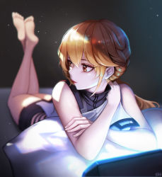 Rule 34 | 1girl, absurdres, bare legs, barefoot, blonde hair, braid, closed mouth, feet, girls&#039; frontline, girls&#039; frontline 2: exilium, highres, legs, legs up, lips, long hair, looking away, looking to the side, lying, on stomach, ots-14 (girls&#039; frontline), pillow, red lips, simple background, soles, solo, ukoo (kv7863), uniform, yellow eyes