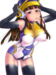 Rule 34 | 1girl, blunt bangs, blush, bodypaint, breasts, brown eyes, brown hair, earth defense force, earth defense force 3 portable, elbow gloves, gloves, highres, large breasts, long hair, naked paint, nipples, nude, painted clothes, pale wing, pussy, raplus, solo, thighhighs, white background