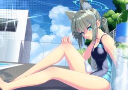 Rule 34 | 1girl, absurdres, animal ear fluff, animal ears, black one-piece swimsuit, blue archive, blue eyes, blue sky, breasts, chain-link fence, cloud, commentary request, competition swimsuit, covered navel, cross hair ornament, day, extra ears, fence, grey hair, hair ornament, halo, highres, leaning forward, low ponytail, medium breasts, medium hair, mismatched pupils, multicolored clothes, multicolored swimsuit, one-piece swimsuit, outdoors, poolside, shiroko (blue archive), shiroko (swimsuit) (blue archive), sitting, sky, solo, sumi waketarou, swimsuit, wolf ears