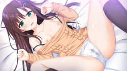 Rule 34 | 1girl, bed sheet, black socks, blush, bow, bow panties, breasts, brown hair, cameltoe, collarbone, courreges ace, game cg, green eyes, hair ornament, hairclip, kneehighs, long hair, long sleeves, looking at viewer, lying, nipples, no pants, off shoulder, official art, on back, onami sora, onii-chan asa made zutto gyu tte shite!, open mouth, panties, pussy juice stain, small breasts, socks, spread legs, sweater, underwear, w arms, wet, wet clothes, wet panties, white panties