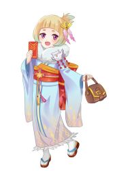 Rule 34 | 1girl, alternate costume, alternate hairstyle, blue hair, feh (fire emblem heroes), fire emblem, fire emblem heroes, full body, gradient hair, hair ornament, highres, hraaat, japanese clothes, kimono, long sleeves, multicolored hair, nintendo, obi, open mouth, purple eyes, sandals, sash, short hair, simple background, solo, tabi, white background, white hair, wide sleeves, ylgr (fire emblem)