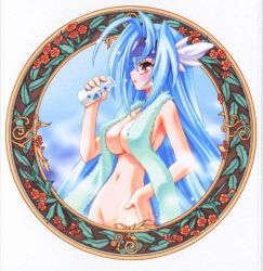 Rule 34 | 1girl, blue hair, blush, bottle, breasts, cloud, collarbone, drink, feather boa, flower, hand on own hip, head wings, headband, holding, hydra (ufo princess valkyrie), kaishaku, large breasts, long hair, looking at viewer, navel, nude, red eyes, sky, standing, ufo princess valkyrie, wings