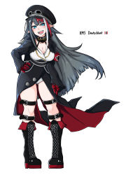 Rule 34 | 1girl, absurdres, azur lane, belt, black footwear, black hair, black hat, blue eyes, blush, boots, breasts, character name, cleavage, collarbone, commentary request, cross, cross-laced footwear, deutschland (azur lane), floating hair, full body, gloves, goggles, goggles on headwear, hat, head tilt, highres, iron cross, kirishina (raindrop-050928), lace-up boots, large breasts, long hair, long sleeves, looking at viewer, multicolored hair, open mouth, platform boots, platform footwear, pointy ears, red hair, sharp teeth, simple background, smile, solo, standing, streaked hair, teeth, very long hair, white background, white hair