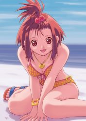 Rule 34 | 1girl, :d, artist name, beach, bikini, bracelet, breasts, brown hair, cleavage, day, feet, female focus, hair bobbles, hair ornament, heart, high ponytail, highres, jewelry, kobayashi yuji, medium breasts, necklace, open mouth, outdoors, plaid, plaid bikini, ponytail, red eyes, sandals, sitting, sky, smile, solo, swimsuit, wariza