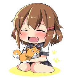 Rule 34 | 1girl, :d, ^ ^, animal, barefoot, black sailor collar, black skirt, blush, brown hair, closed eyes, colored shadow, commentary request, dog, fang, full body, hair between eyes, hair ornament, hairclip, ikazuchi (kancolle), kantai collection, no shoes, open mouth, oshiruko (uminekotei), pleated skirt, sailor collar, school uniform, serafuku, shadow, shirt, short sleeves, sitting, skirt, smile, solo, wariza, white background, white shirt