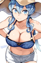Rule 34 | 1girl, 2023, bare shoulders, belko, bikini, blue bikini, blue eyes, blue hair, bra, breasts, cleavage, collarbone, dated, female focus, gotland (kancolle), hat, highres, kantai collection, large breasts, long hair, looking at viewer, matching hair/eyes, mole, mole under eye, shorts, smile, solo, swimsuit, twitter username, underwear, white background, white shorts