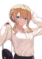 Rule 34 | 1girl, :o, arm up, azur lane, bag, black bag, blonde hair, blue eyes, blue nails, braid, breasts, gyaru, hair ornament, hand on own head, holding, holding bag, long hair, long sleeves, looking at viewer, nail polish, open mouth, renown (azur lane), schreibe shura, shirt, small breasts, solo, upper body, white background, white shirt