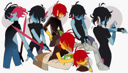 Rule 34 | 1other, adjusting clothes, alarm clock, alternate hairstyle, armored boots, bandaid, bandaid on arm, bed, black bodysuit, black gloves, black hair, black sweater, blue skin, bodysuit, boots, brown hair, clock, closed eyes, colored skin, cropped legs, deltarune, fingerless gloves, gloves, hair between eyes, highres, holding, holding sword, holding weapon, kris (deltarune), messy hair, multiple views, nose bubble, pink eyes, ponytail, senjochi janai, shaded face, short ponytail, simple background, stretching, sweater, sword, toothbrush, waking up, weapon, yellow skin