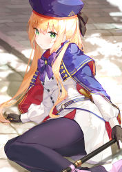 Rule 34 | 1girl, artoria caster (fate), artoria caster (second ascension) (fate), artoria pendragon (fate), belt, black gloves, blonde hair, blue belt, blue capelet, blue headwear, blue pantyhose, blush, breasts, buttons, cape, capelet, dress, fate/grand order, fate (series), gloves, green eyes, highres, holding, holding staff, long hair, long sleeves, looking at viewer, multicolored cape, multicolored capelet, multicolored clothes, o-ring, o-ring belt, pantyhose, shubee, small breasts, staff, striped belt, thighs, twintails, white dress