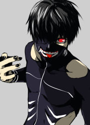 Rule 34 | 10s, 1boy, black hair, black nails, bodysuit, grey background, kaneki ken, looking at viewer, male focus, mask, nail polish, red eyes, shiromi (ringo), short hair, simple background, skin tight, solo, tokyo ghoul, tongue, tongue out, unzipped, zipper