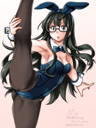 Rule 34 | 1girl, animal ears, beige background, black hair, black pantyhose, blue bow, blue bowtie, blue leotard, bow, bowtie, breasts, cleavage, commentary request, cowboy shot, dated, detached collar, fake animal ears, glasses, gradient background, green eyes, hairband, kantai collection, leotard, long hair, looking at viewer, medium breasts, ooyodo (kancolle), pantyhose, playboy bunny, rabbit ears, rabbit tail, semi-rimless eyewear, solo, split, standing, standing on one leg, standing split, strapless, strapless leotard, tail, tatsumi ray, twitter username, under-rim eyewear