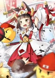 Rule 34 | 1girl, :d, animal ear fluff, animal ears, arms up, azur lane, banner, bell, bird, black hair, black thighhighs, blurry, blurry foreground, blush, chain, chick, commentary request, cowboy shot, detached sleeves, flat chest, fox ears, hair ornament, hat, helmet, highres, holding, holding sword, holding weapon, japanese clothes, jewelry, katana, kimono, looking to the side, magatama print, manjuu (azur lane), minase tamaki, mutsu (azur lane), mutsu (warring states warship) (azur lane), necklace, open mouth, red skirt, ribbon-trimmed sleeves, ribbon trim, rice hat, sakuramon, sheath, sheathed, short hair, short sleeves, sidelocks, skirt, smile, solo focus, standing, sword, teeth, thighhighs, upper teeth only, weapon, white background, white kimono, white sleeves, wide sleeves, yellow eyes, zettai ryouiki