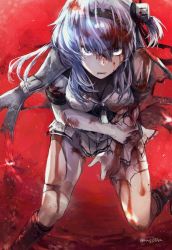 Rule 34 | 1girl, black footwear, blood, blood on face, blue eyes, bodysuit, boots, breasts, cape, clothes writing, commission, grey cape, hachimaki, hagioshi, hair between eyes, headband, highres, injury, kantai collection, knee boots, looking at viewer, medium breasts, medium hair, neckerchief, one side up, parted lips, pleated skirt, silver hair, skeb commission, skirt, solo, suzutsuki (kancolle), torn bodysuit, torn clothes, white bodysuit, white skirt