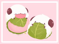 Rule 34 | 7mb yut, :p, animal, animal focus, artist name, eating, closed eyes, food in mouth, horns, league of legends, lettuce, mixed-language commentary, no humans, pink background, poro (league of legends), tongue, tongue out, two-tone background
