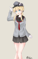 Rule 34 | 10s, 1girl, :d, adapted costume, alternate costume, beige background, black (kbym), blonde hair, blue eyes, cardigan, gloves, hair ornament, hat, highres, kantai collection, long hair, open mouth, peaked cap, prinz eugen (kancolle), school uniform, serafuku, skirt, smile, solo, twintails, twitter username, white gloves