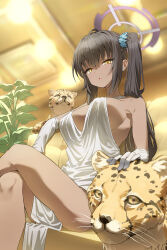 Rule 34 | 1girl, absurdres, alternate costume, animal, applepie (12711019), bare legs, bare shoulders, black hair, blue archive, blurry, blurry background, blush, breasts, cheetah, crossed legs, dark-skinned female, dark skin, dress, elbow gloves, gloves, hair ornament, hair scrunchie, highres, indoors, karin (blue archive), large breasts, looking at viewer, one side up, parted lips, petting, plant, scrunchie, sitting, white dress, yellow eyes