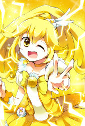 Rule 34 | 10s, 1girl, blonde hair, bow, bowtie, brooch, choker, cure peace, dress, electricity, hair flaps, happy, highres, jewelry, kise yayoi, long hair, magical girl, no nose, one eye closed, oshakana, precure, skirt, smile precure!, solo, v, wink, wrist cuffs, yellow background, yellow bow, yellow bowtie, yellow dress, yellow eyes, yellow skirt, yellow theme